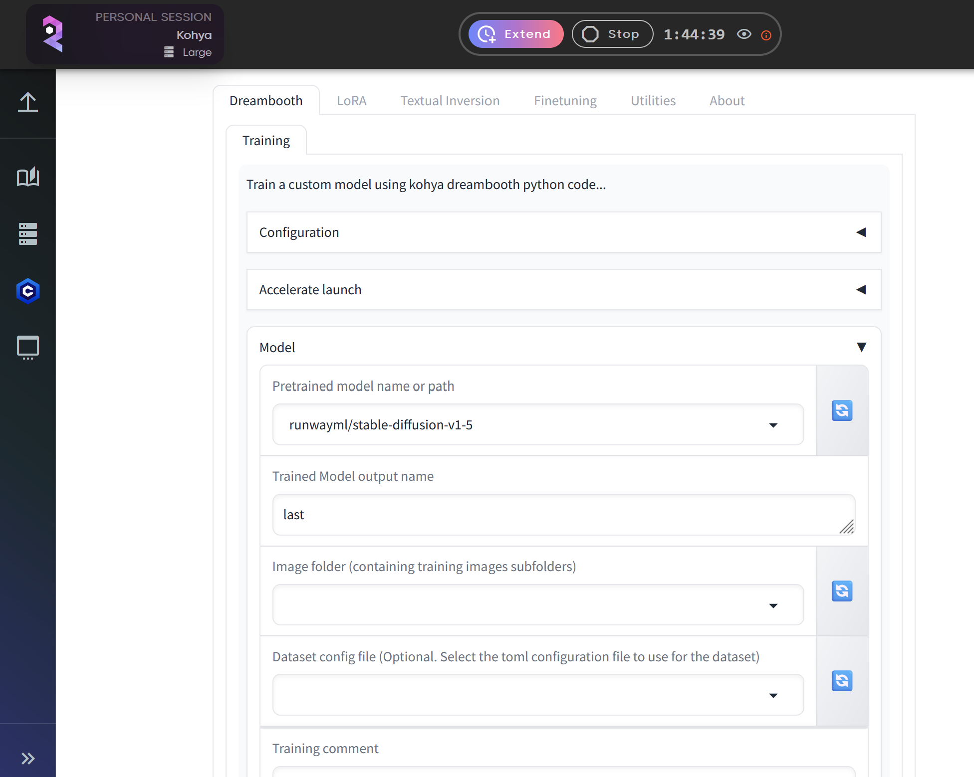 Screenshot showing idth: 720px) 720px"> Once Kohya is running: Navigate to the LoRA tab at the top of the interface