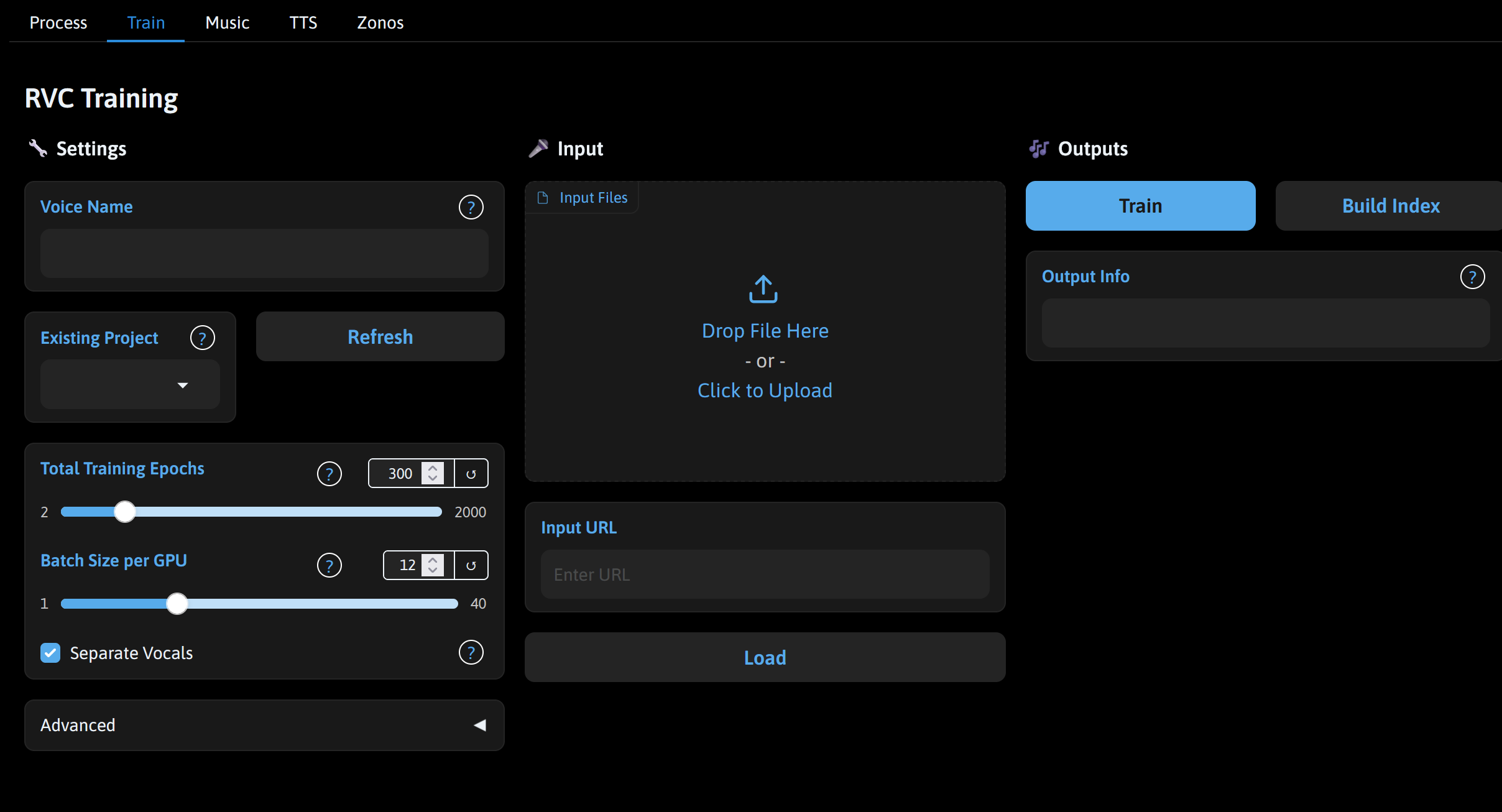 Screenshot showing By uploading audio files or URL videos , RVC can analyze and learn the unique characteristics of a...