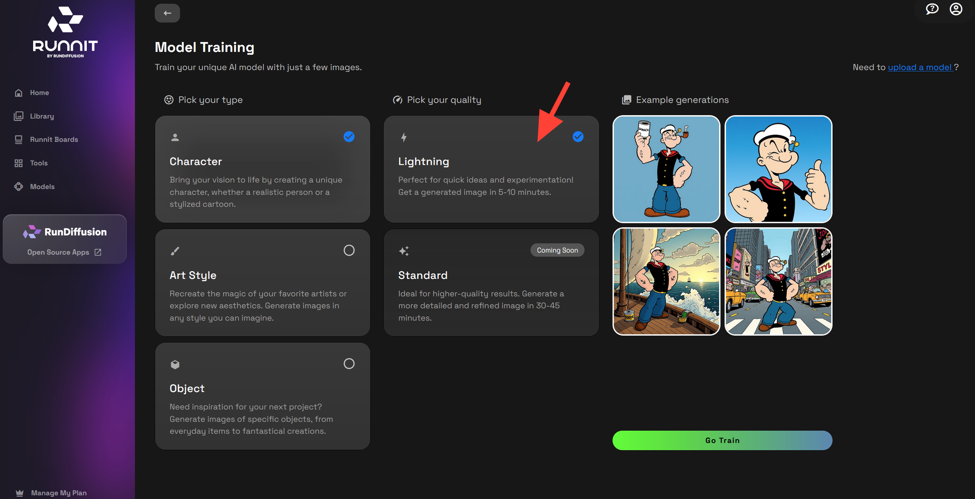 Screenshot showing s="(min-width: 720px) 720px"> Select a Quality Level: Lightning – Faster training time with optimized...