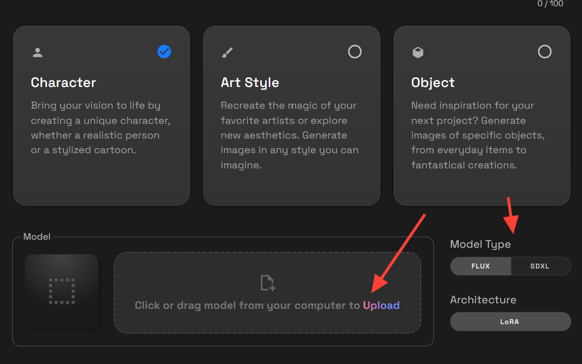 Screenshot showing width: 720px) 720px"> Step 9: Upload your Lora and Select Model Type Drag and drop your Lora or click...