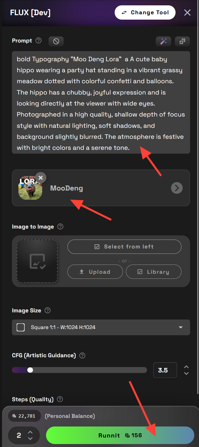 Screenshot showing t & Generate For a Flux Lora, it’ll auto-load the Flux [Dev] model Your LoRA will appear below the...