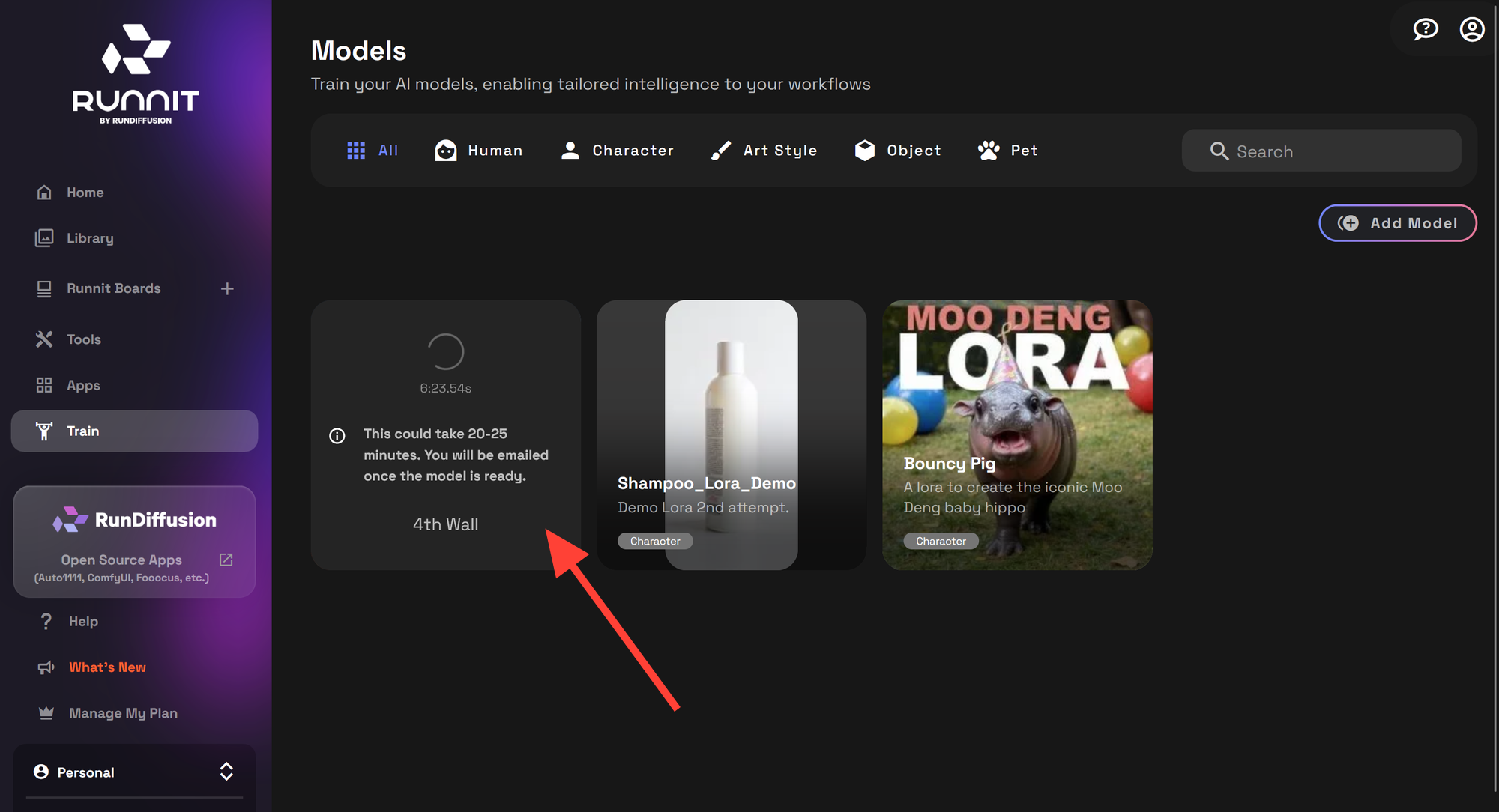 Screenshot showing (min-width: 720px) 720px"> Your model will be available on the Models page once it is finished training