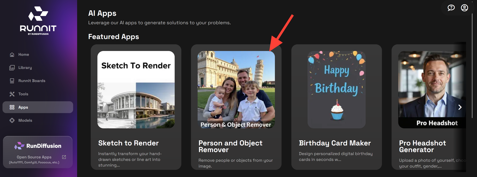 Screenshot showing and Object Remover App Find and select the Person and Object Remover from the list of available Runnit...