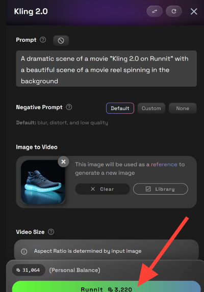 Screenshot showing 20px) 720px"> Once your input is ready, click Runnit to begin your video generation Note: Kling 2.1...