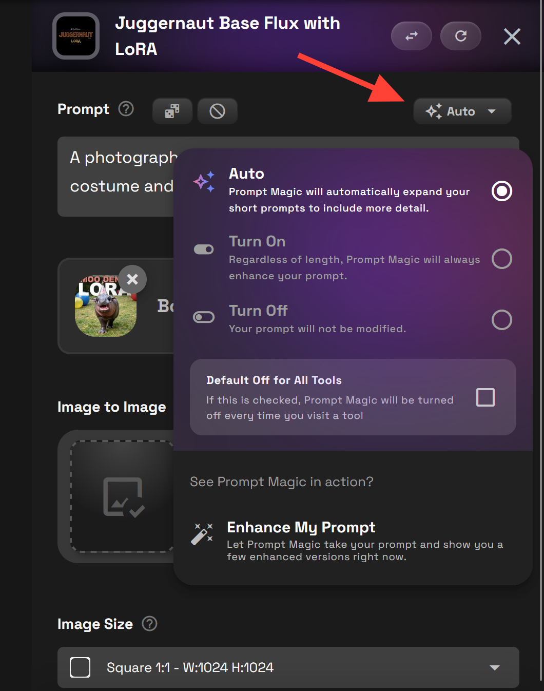 Screenshot showing eed assistance with your prompt you can use the magic prompt feature adjusting the setting to On