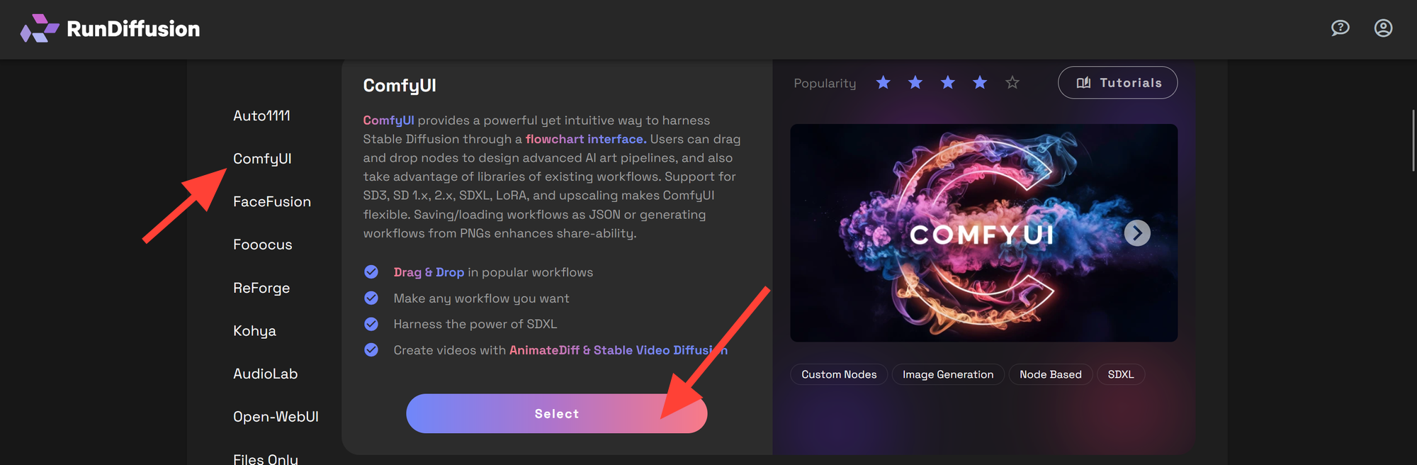 Screenshot showing card"> Step 2: Choose ComfyUI From the left sidebar, select ComfyUI
