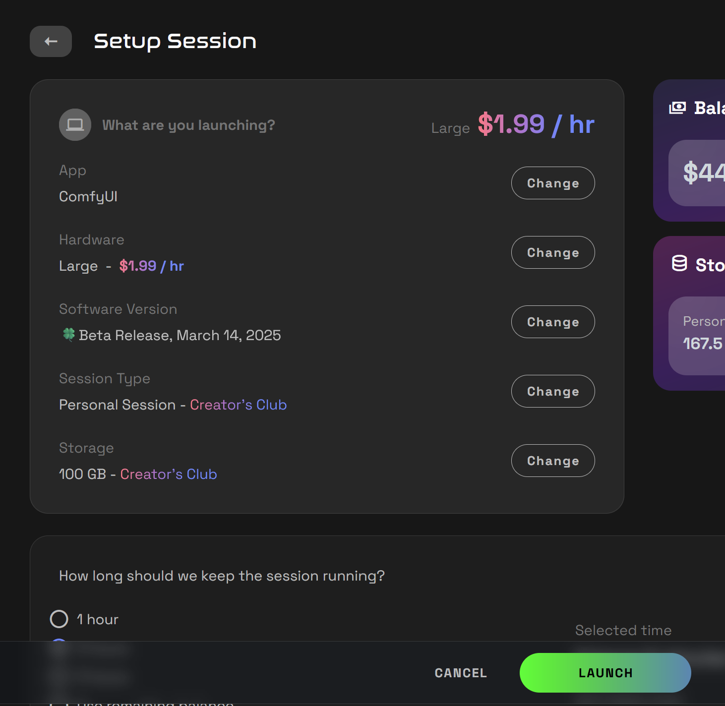 Screenshot showing h a Large Server Setup your session and Click Launch