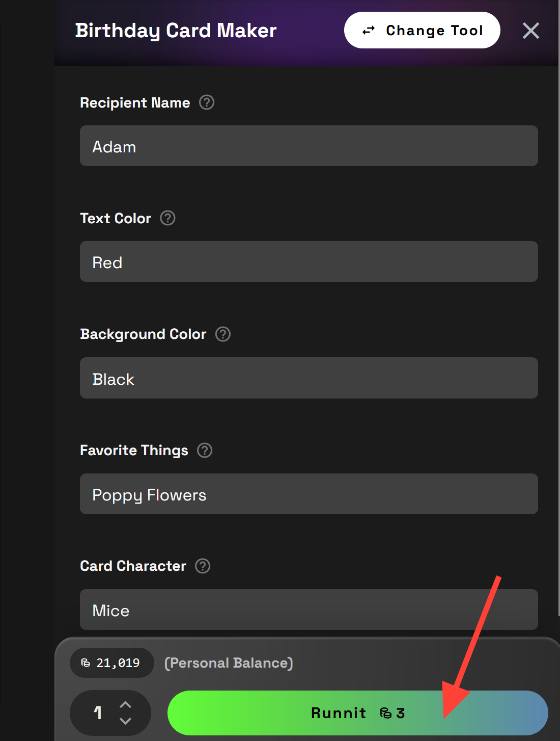 Screenshot showing custom artwork and a cheerful message tailored to your inputs