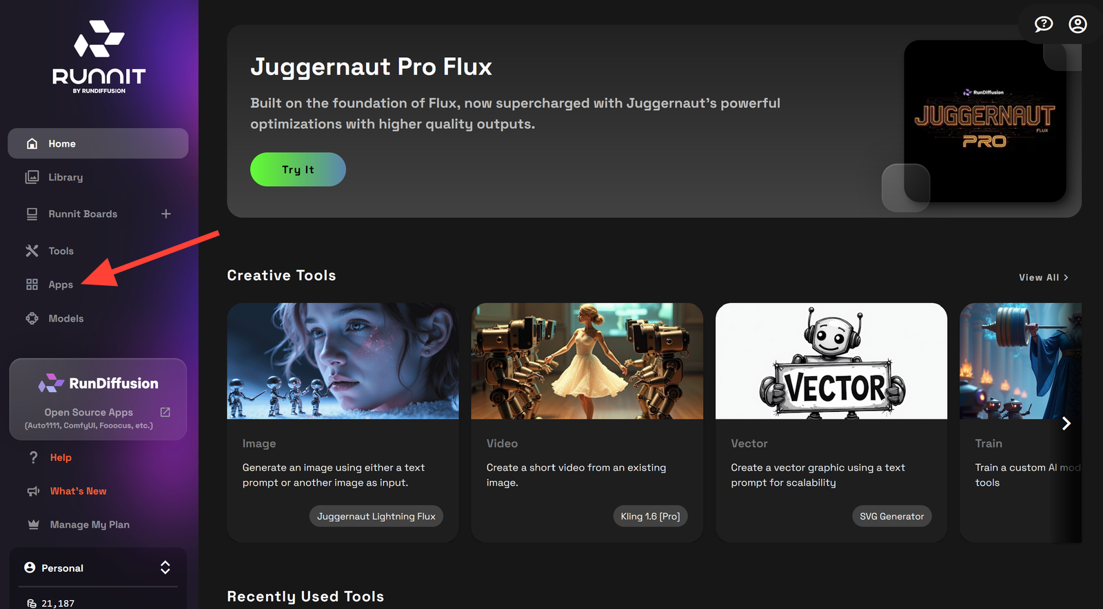 Screenshot showing hese steps to get started: Log in at RunDiffusion Navigate to the Runnit Platform : Click on APPS on...