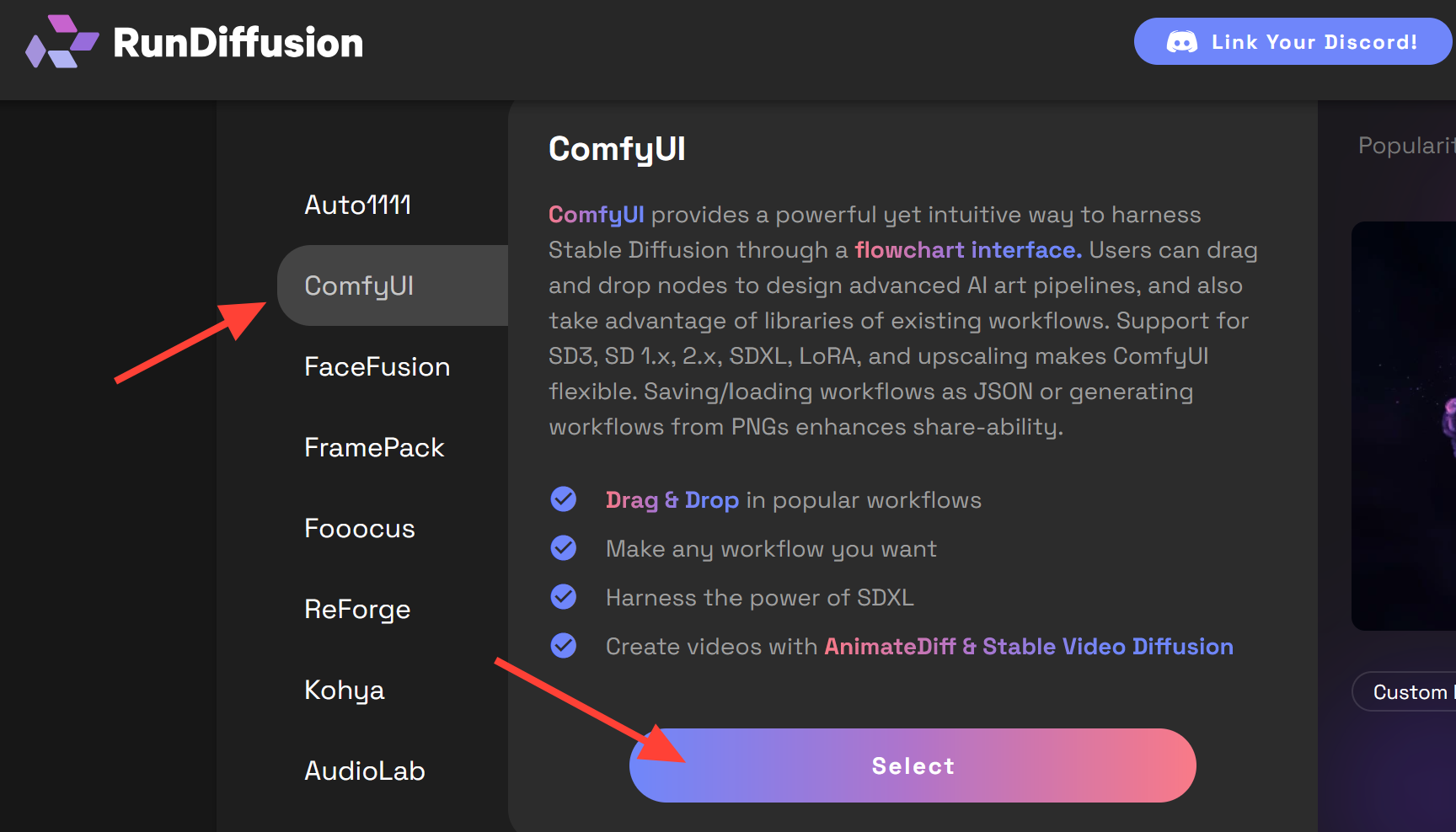 Login to RunDiffusion Go to the RunDiffusion Opensource App Page Click on ComfyUI on the side bar and click select . Setup yo