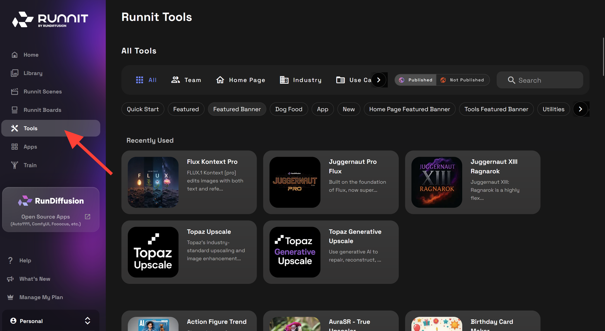 Runnit Platform on RunDiffusion. Click on Tools on the left Side Bar. Search for Flux Kontext. Then click on Flux Kontext Max