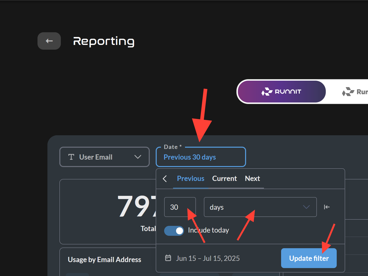 Go to Runnit Click on the Account button in the bottom Left. Then click on Team On the top click on Reporting . You can click