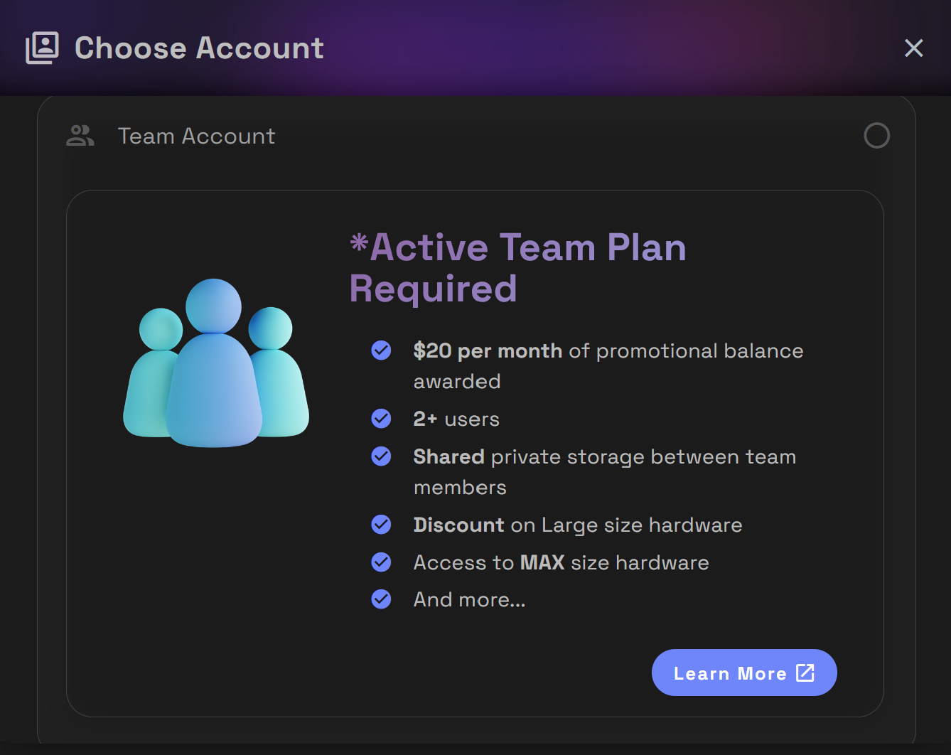RunDiffusion Account Settings and click on Personal on side bar. Then click on Team Account to get more information about tea