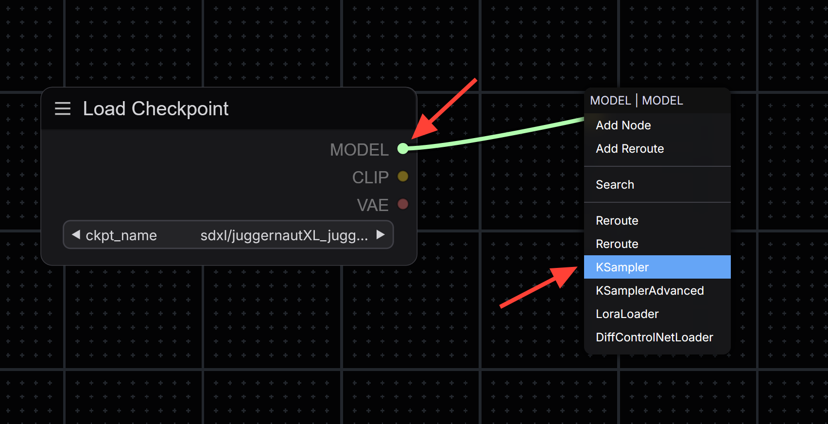 Screenshot showing circle next to the MODEL label on the Load Checkpoint node and drag it to an empty area of the canvas