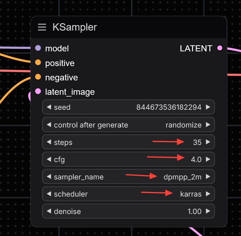 Screenshot showing the JuggernautXL model: Steps: 35 CFG: 4 Sampler Name: dpmpp_2m Scheduler: Karras You can continue...