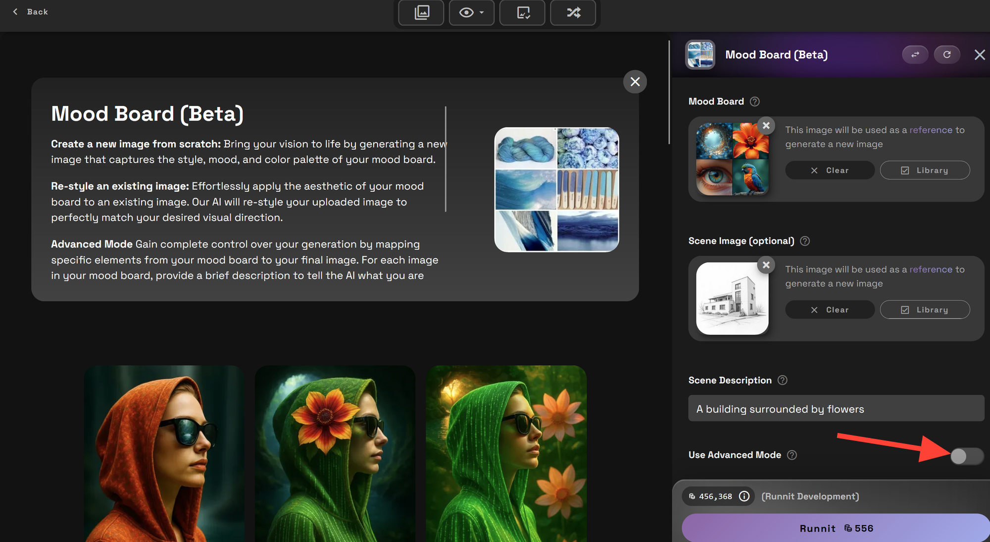 Screenshot showing in-width: 720px) 720px"> Advanced Mode: Toggled off this will let the AI decide which elements from...