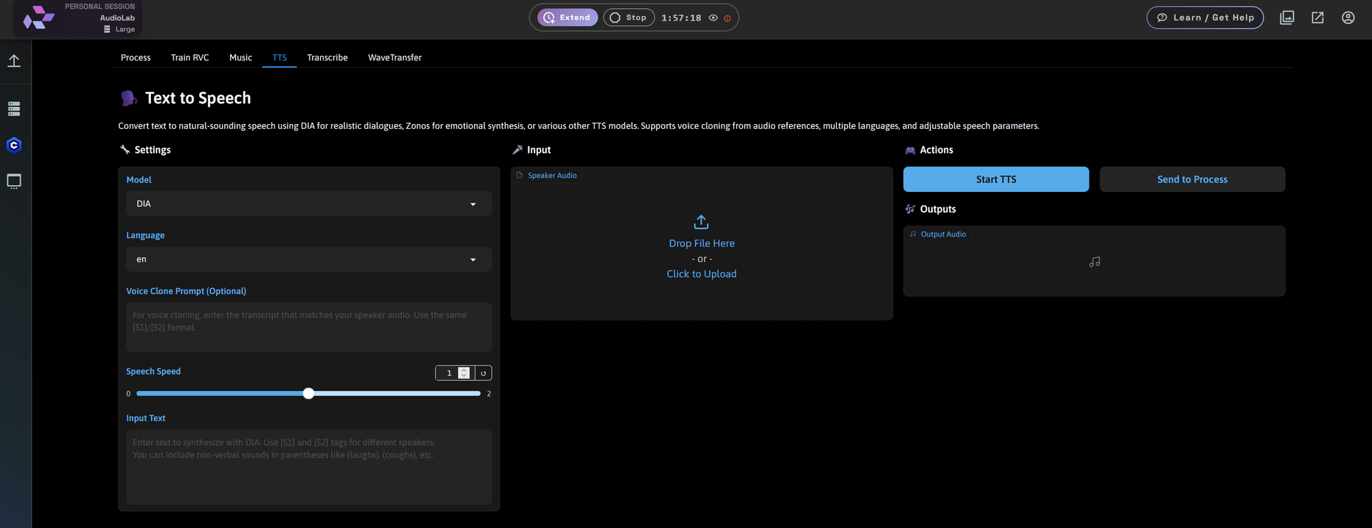 Screenshot showing ce audio Speaker tagging for multi-speaker text (e.g., [S1], [S2]) Language selection and speed...