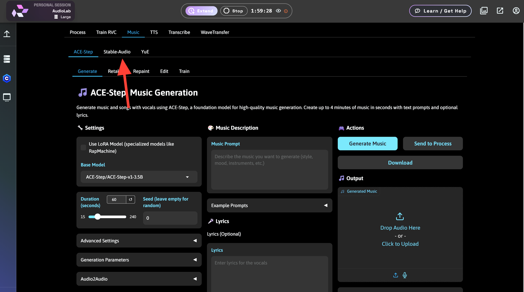 Screenshot showing 2000w" sizes="(min-width: 720px) 720px"> Next click on Stable-Audio tab