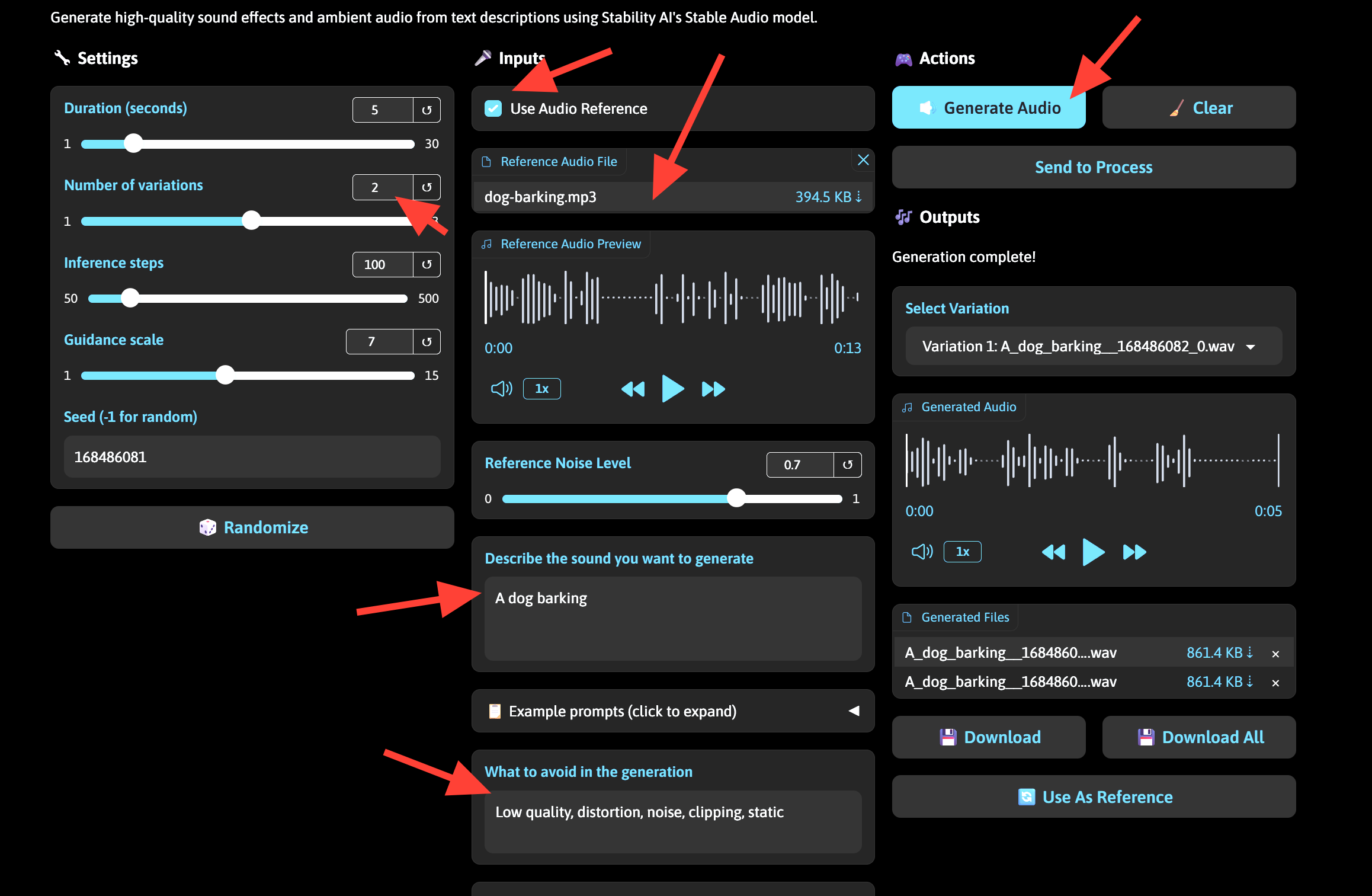 Screenshot showing sample of a dog barking has been uploaded