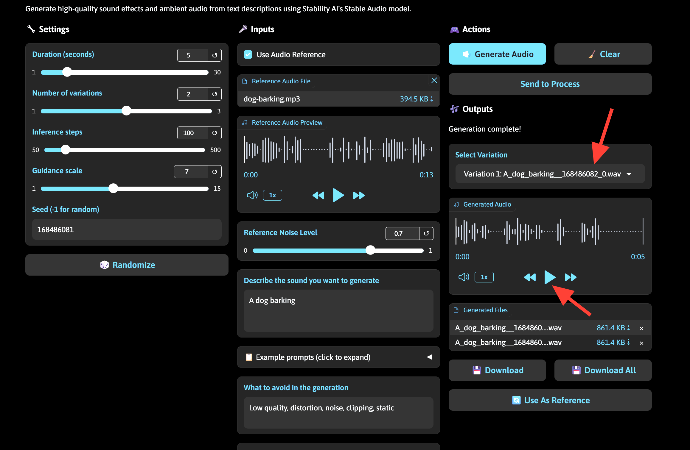 Screenshot showing 720px) 720px"> Since we created 2 audio files you can click on Select Variation to load them and...