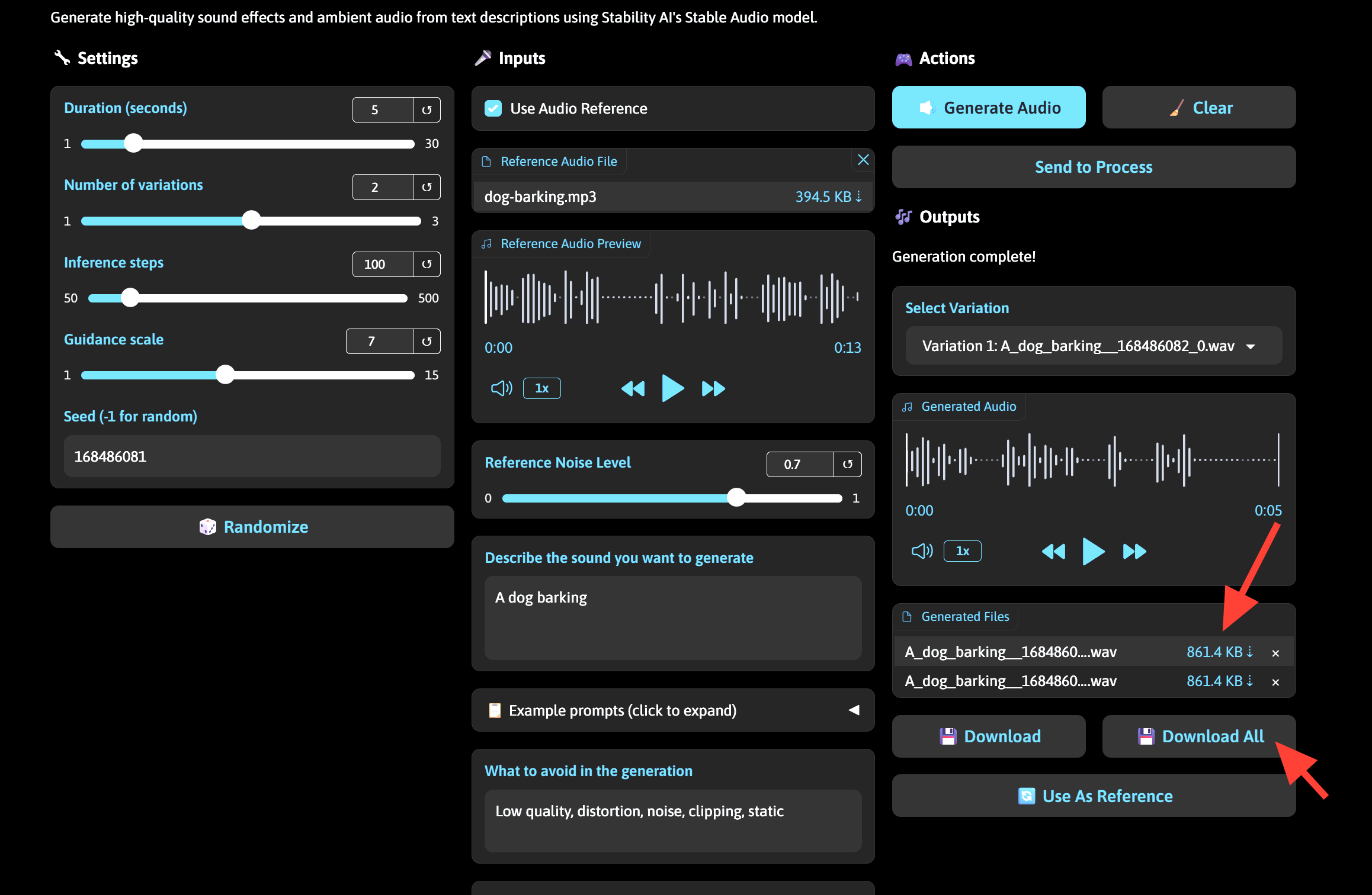 Screenshot showing audio file under Generated Files to download it