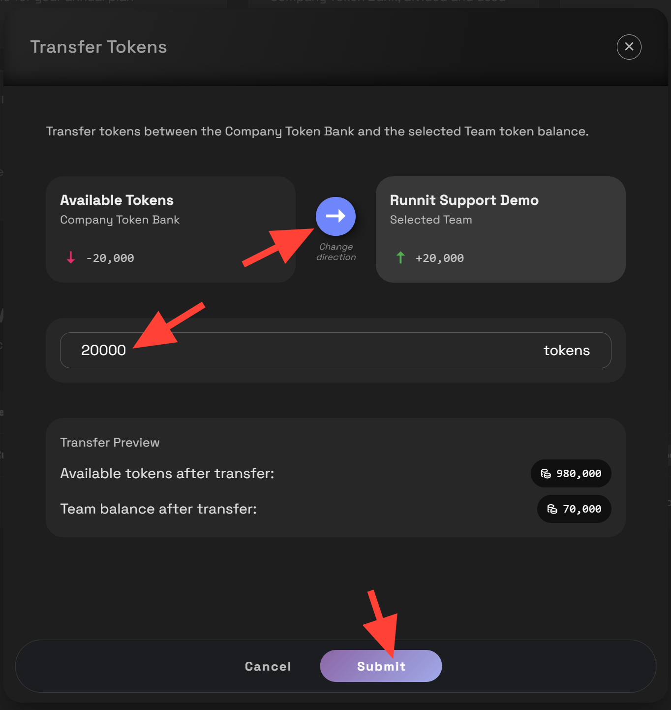 Screenshot showing of tokens you wish to transfer