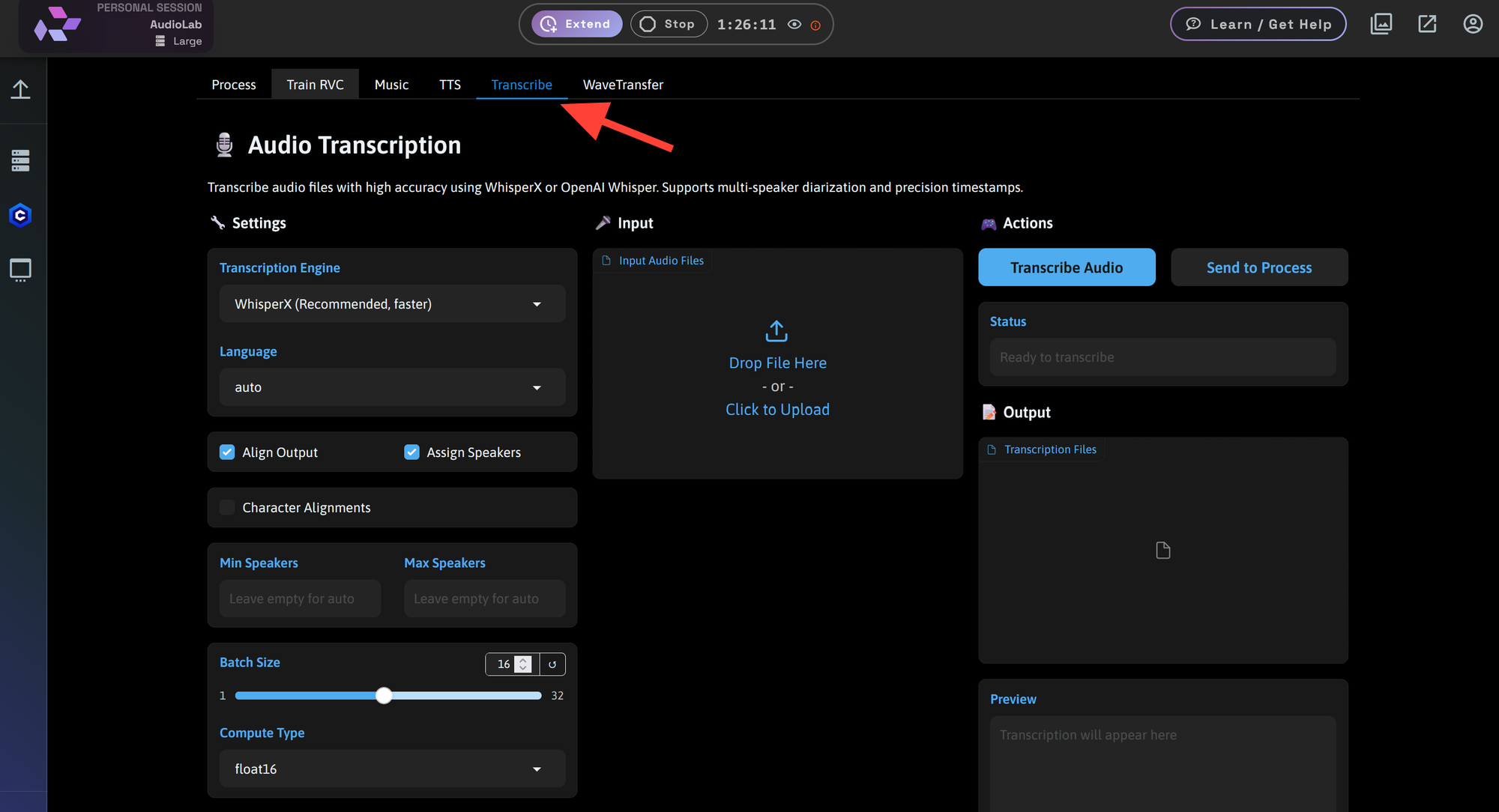 Screenshot showing 0w, 2000w" sizes="(min-width: 720px) 720px"> Click on the Transcribe Tab <img alt=