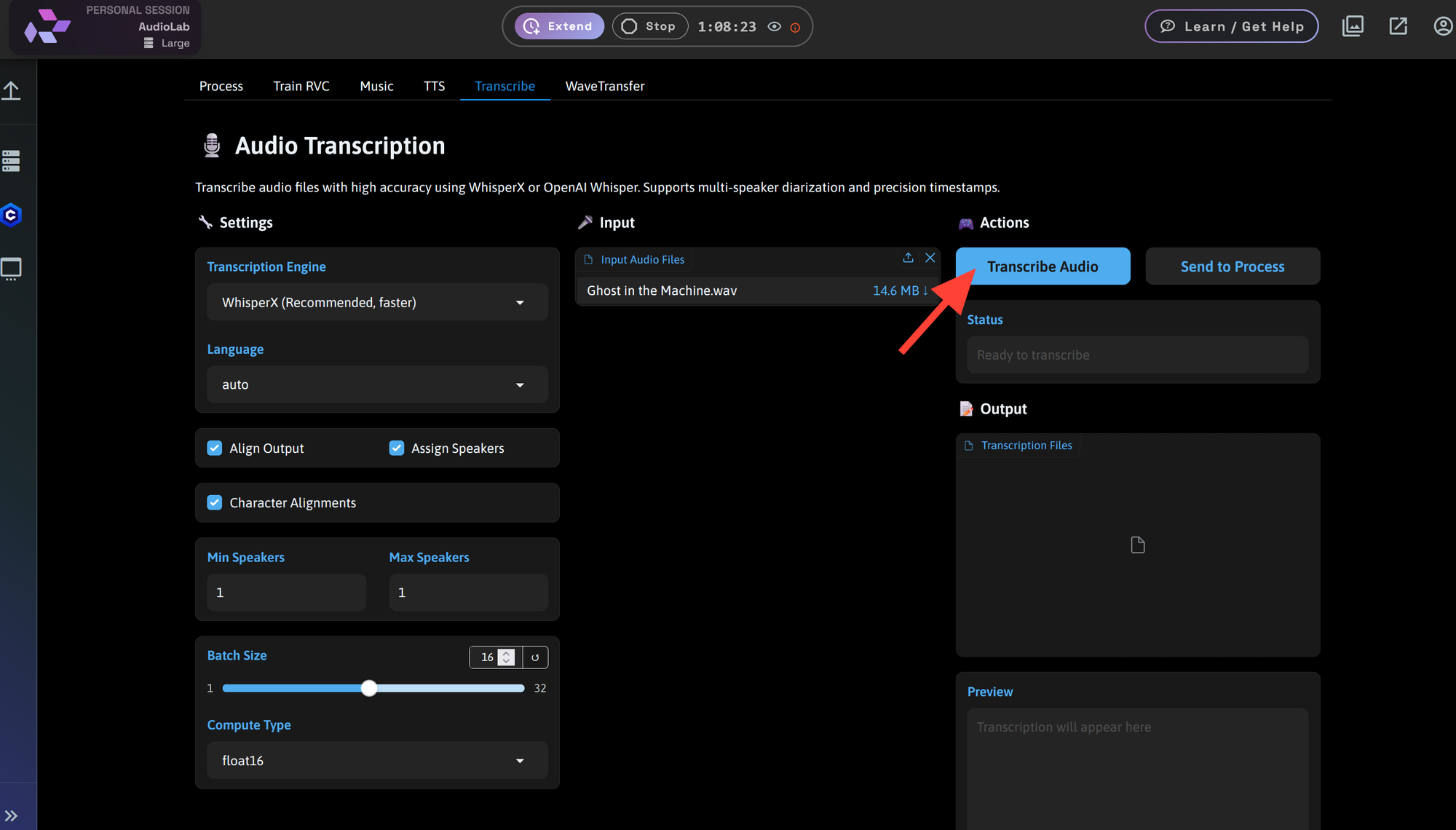 Screenshot showing 600w, 814w" sizes="(min-width: 720px) 720px"> Click Transcribe Audio