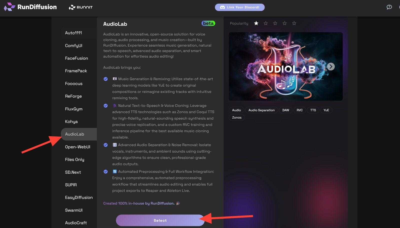 Screenshot showing n to RunDiffusion Launch AudioLab