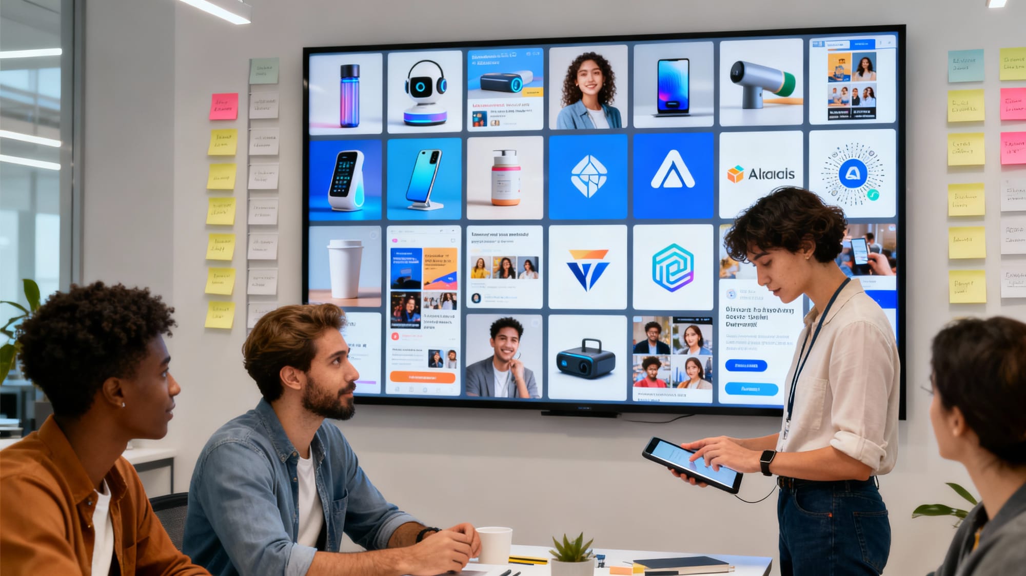 Creative team reviewing AI-generated mockups, social posts, and logo ideas on an organized RunDiffusion Runnit board