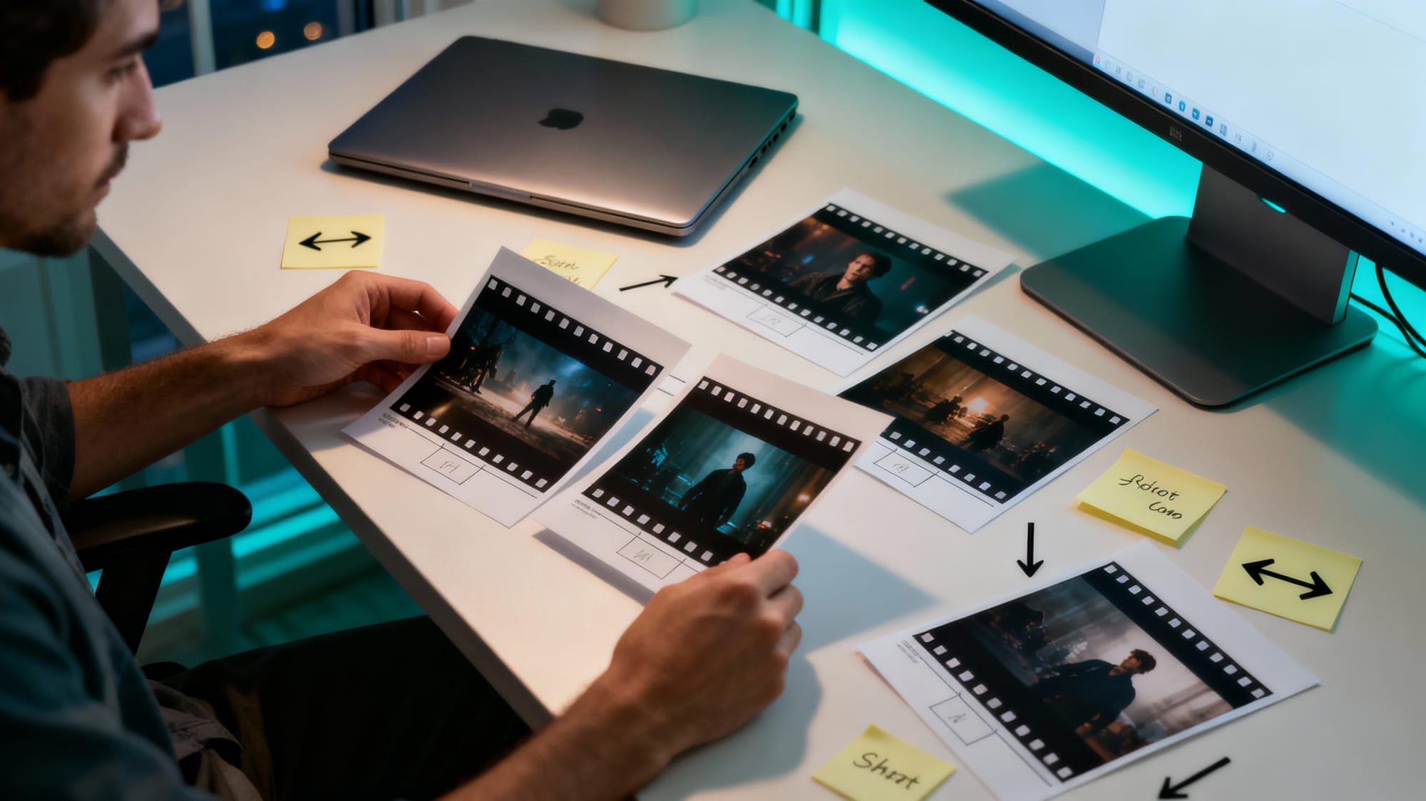 Modern creative workspace where a person reviews printed cinematic film stills and storyboards on a desk, planning shots for an AI-assisted visual project.
