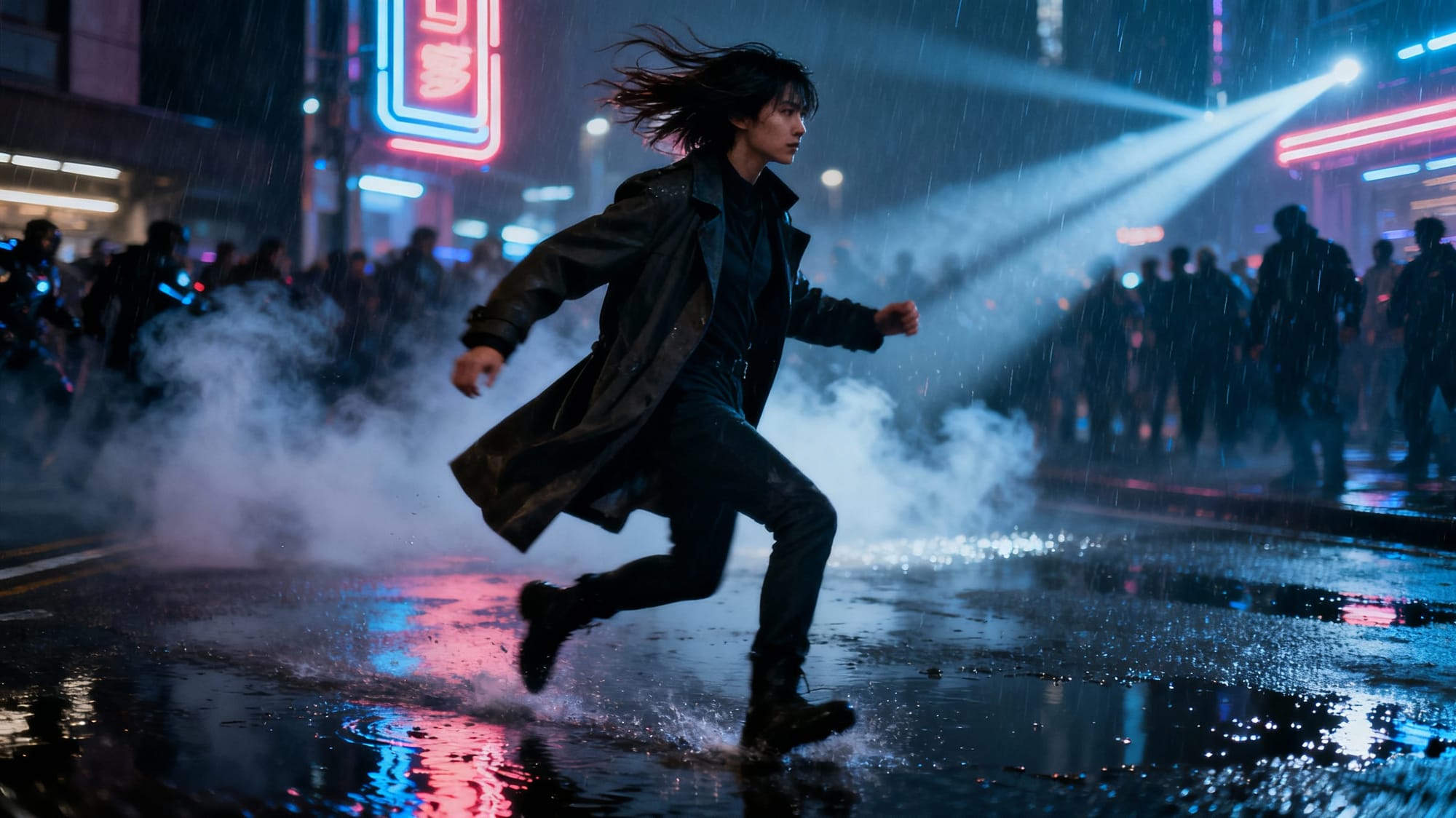 Cinematic film still of a person mid-motion on a rain-soaked neon city street at night, with wind-blown clothing, glowing puddles, and layered depth suggesting an unseen story.