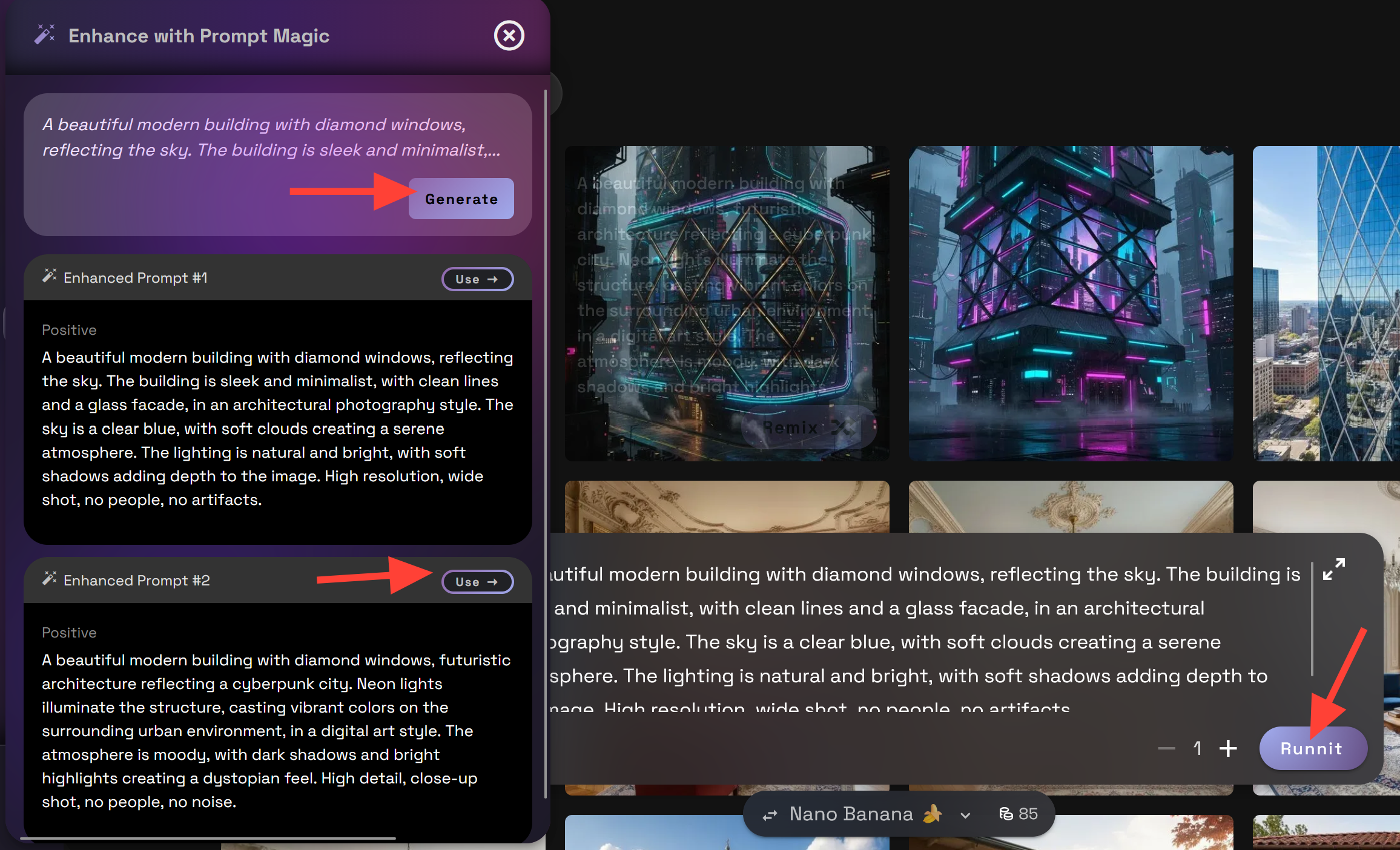Runnit platform on RunDiffusion Click on Generate on the left sidebar. Choose a model : SeedDreamV4, Nano Banana, Juggernaut