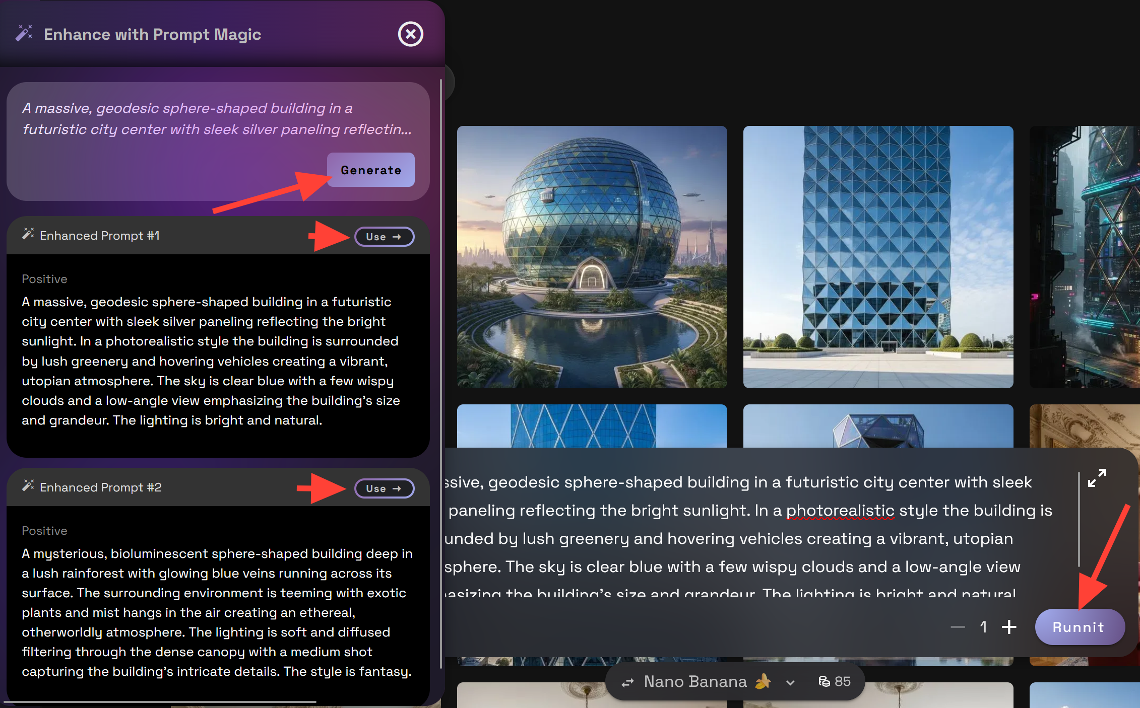 Screenshot showing rate , then click use on the prompt you would like to use and click Runnit to create your prompt...