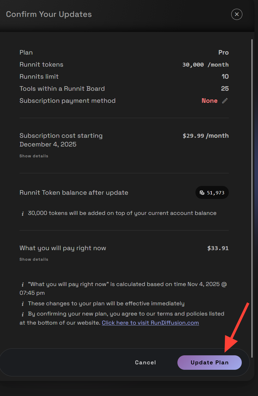 RunDiffusion Go to the Runnit Platform On the left side click on Manage my plan . Click Manage Plan Click on Choose Plan or D