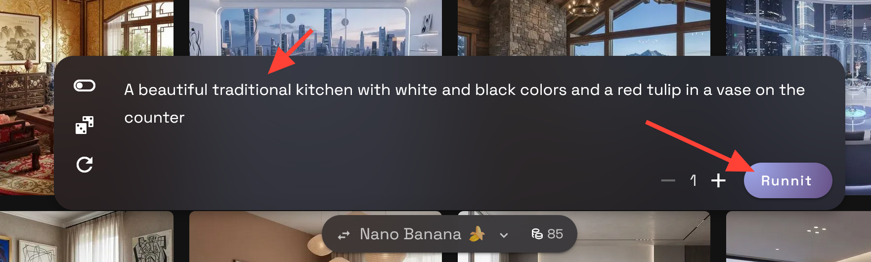Log in to RunDiffusion Select Generate and then Image on the left side bar. Choose a Model such as Nano Banana or SeeDreamV4.