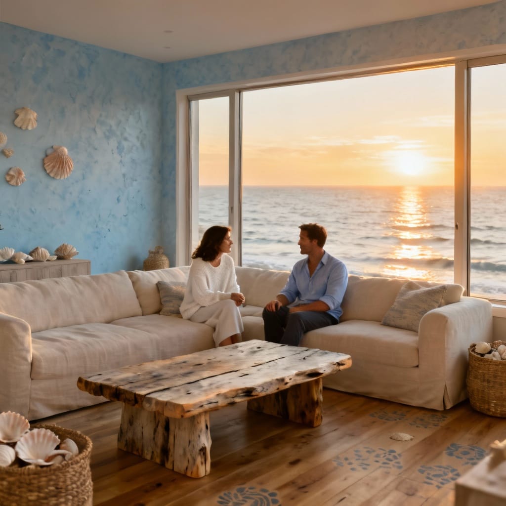 Try Nano Banana Seedream V4 Example Prompt: Contemporary coastal living room with oversized linen sofa, driftwood coffee tabl
