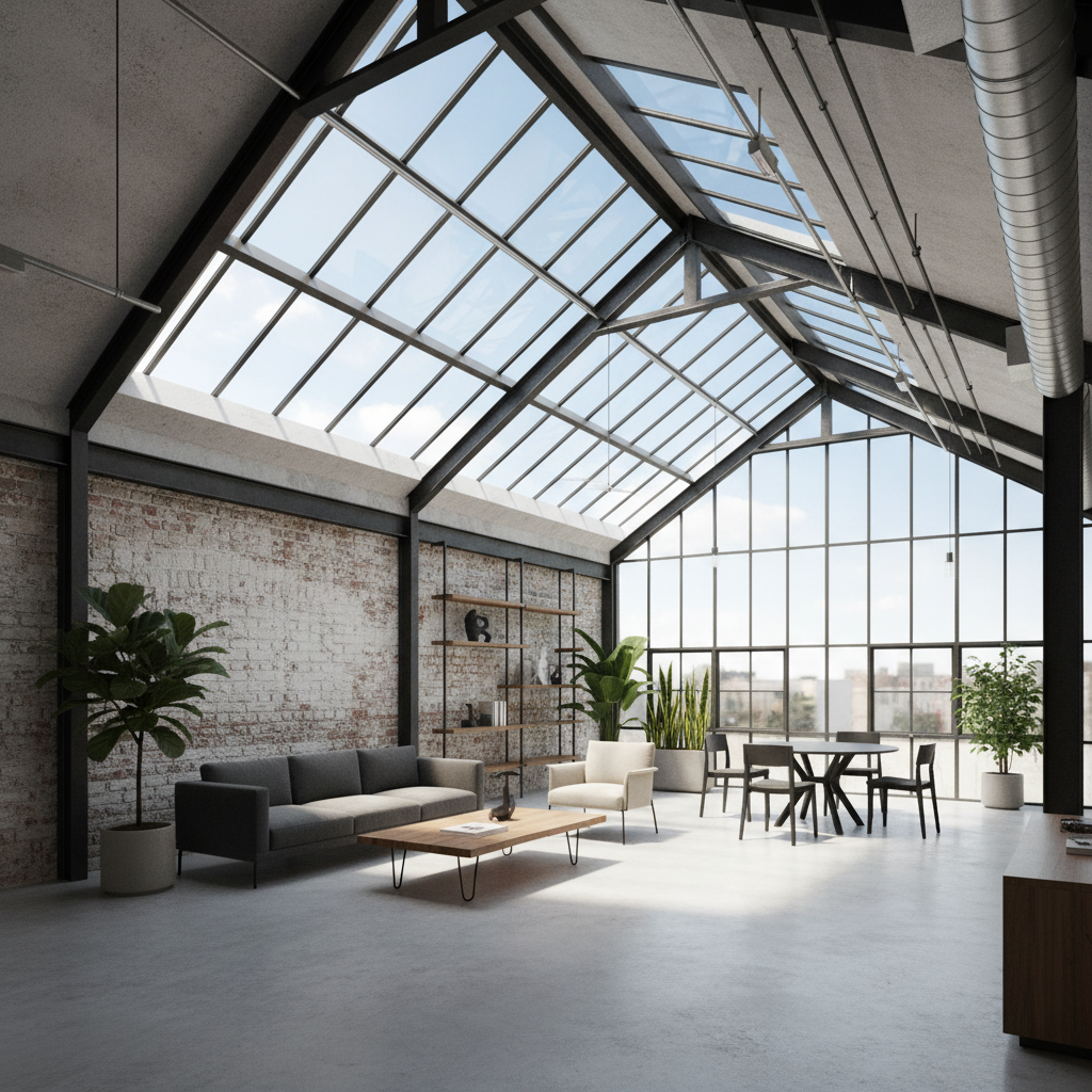 An industrial loft with a large skylight, exposed brick walls, concrete floors, and metal accents. The room is filled with na