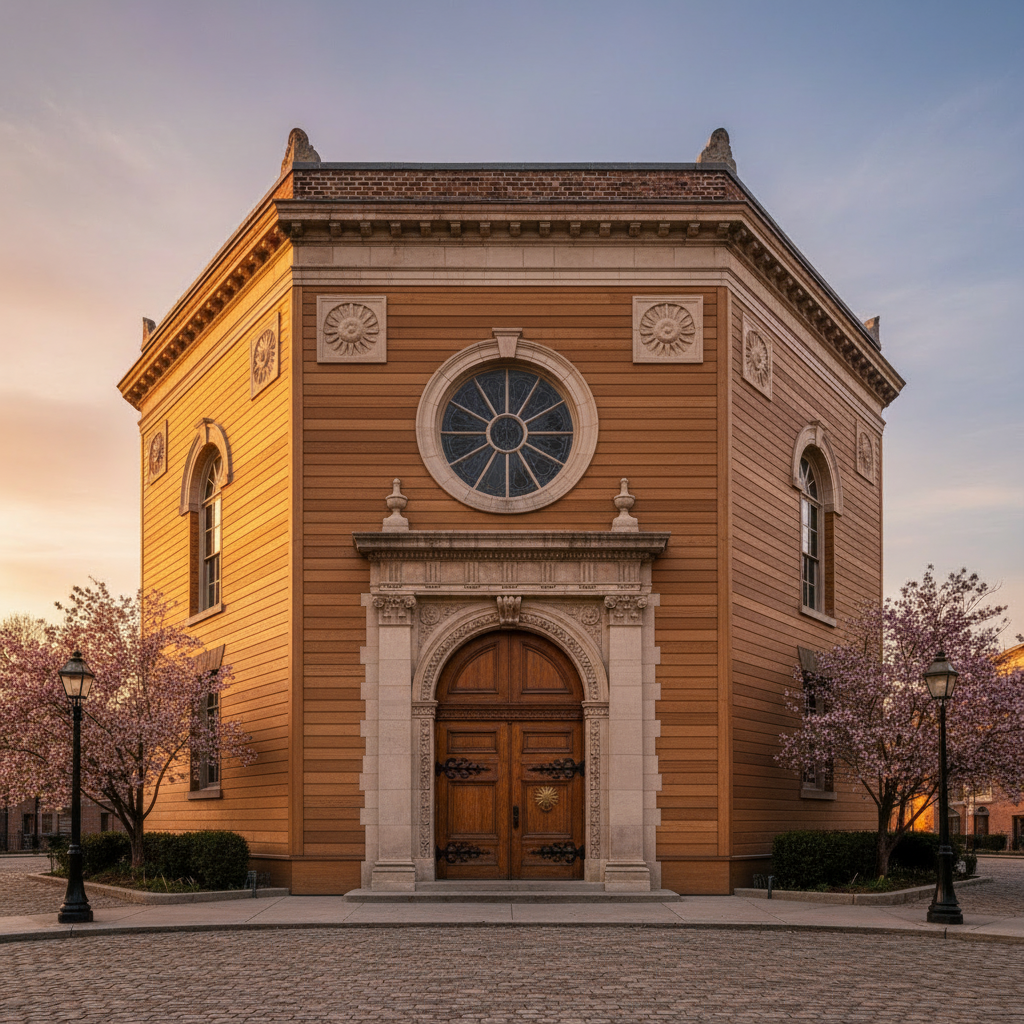 Prompt: Change the brick walls of this building to oak wood siding