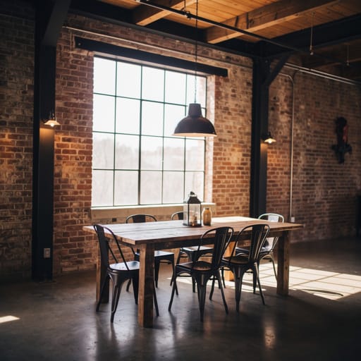 A stylish industrial loft dining area photographed in natural window light.