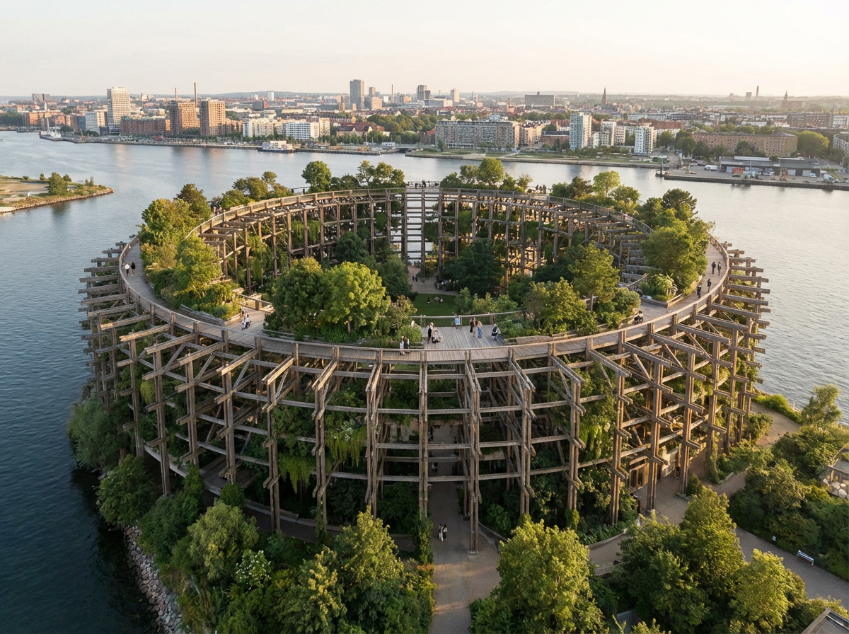 Try a Sheikh Zayed National Musuem inspired prompt 3. Mass-Timber Megastructure Ring Inspired by: Grand Ring for Expo 2025 (S