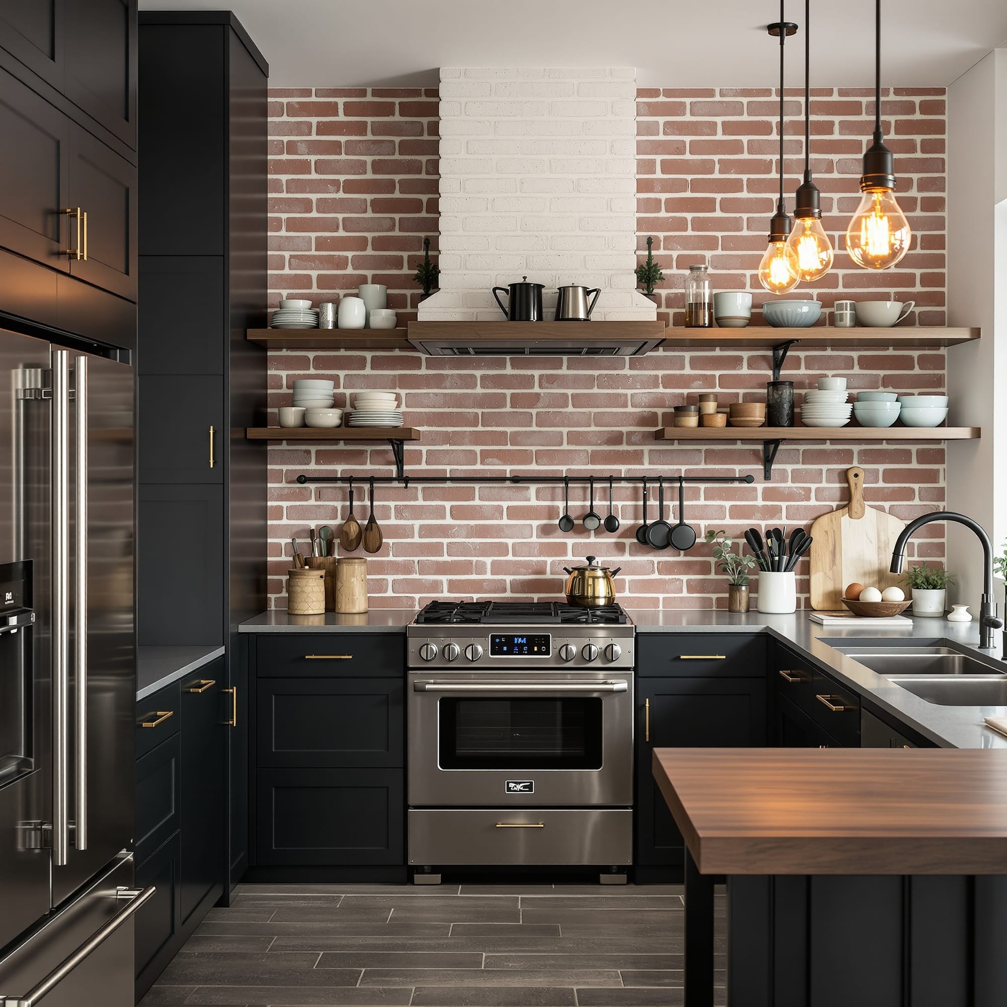 Try Juggernaut Lightning Flux Flux [Pro] Ultra Example Prompt: Industrial-style chef’s kitchen with brick backsplash, matte b
