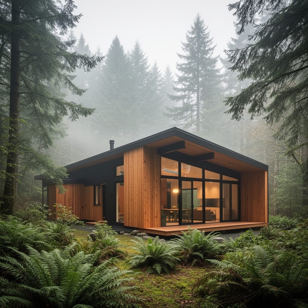 A modern wooden cabin in the forest