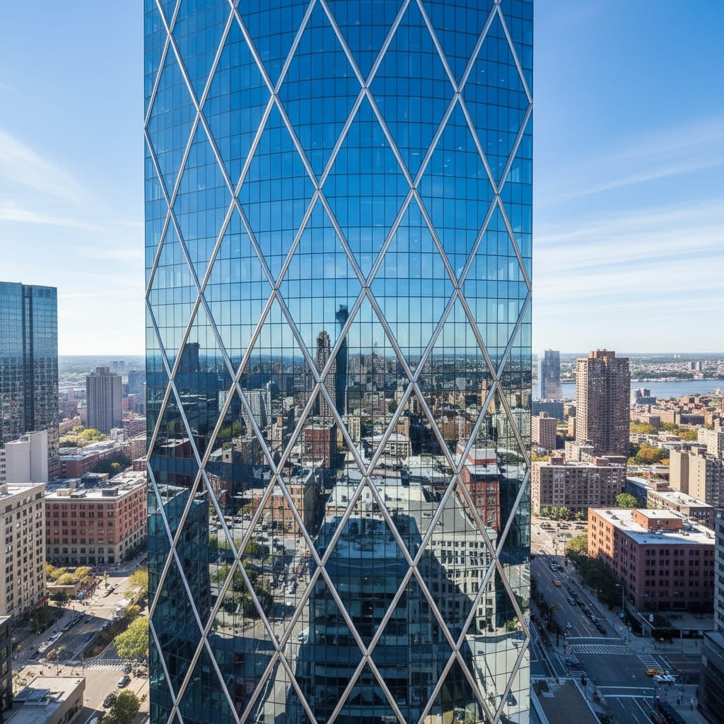 Screenshot showing ndows, reflecting a bright cityscape, photorealistic, high resolution, blue sky, natural lighting,...