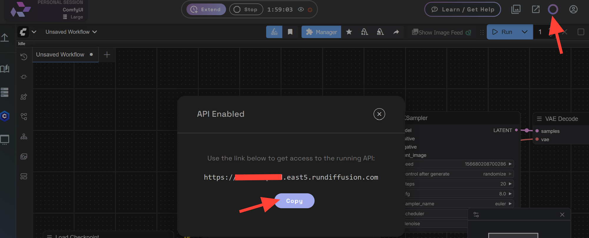 Copy the ComfyUI API URL screenshot