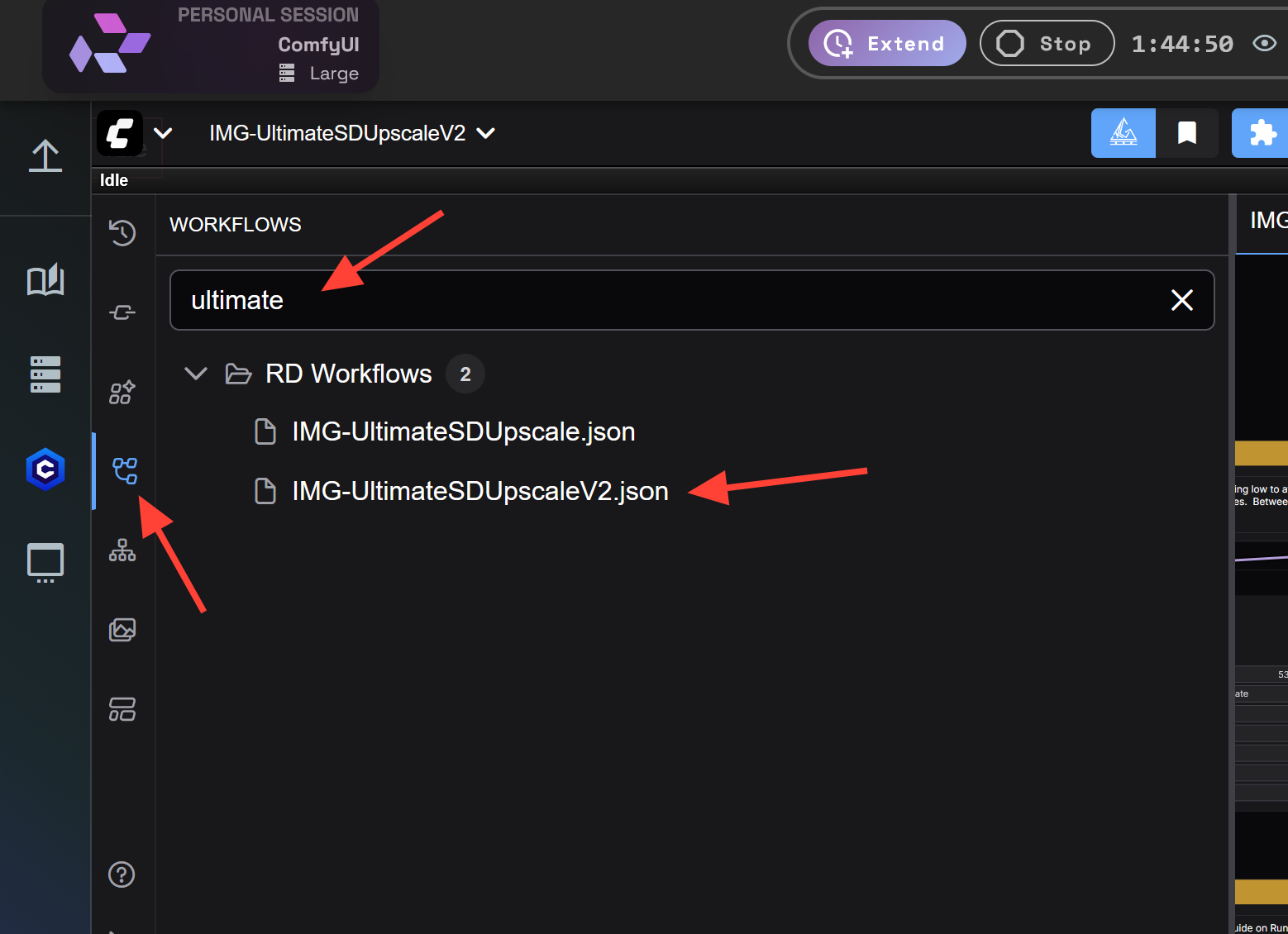 Screenshot showing ="(min-width: 720px) 720px"> Click on the workflow icon on the sidebar, then click on the RD Workflows...