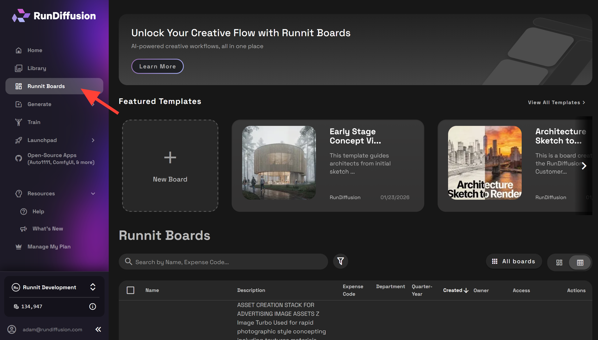 RunDiffusion's Runnit Boards . You can select the template from the Featured Templates at the top. Select Advertising Video P