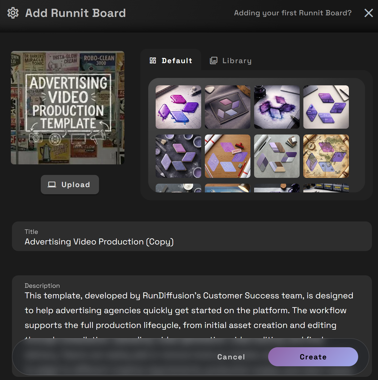RunDiffusion's Runnit Boards . You can select the template from the Featured Templates at the top. Select Advertising Video P
