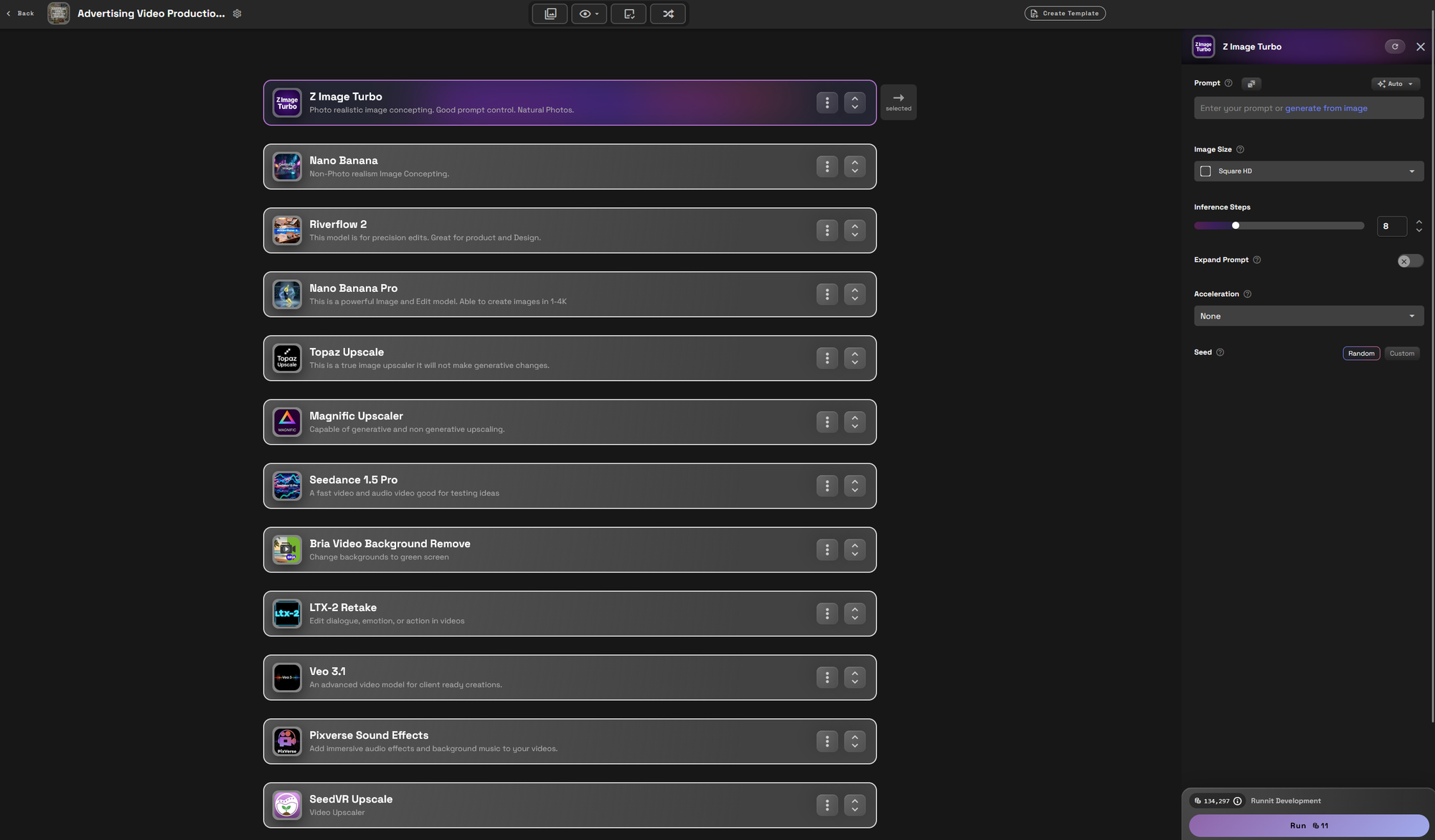 RunDiffusion's Runnit Boards . You can select the template from the Featured Templates at the top. Select Advertising Video P