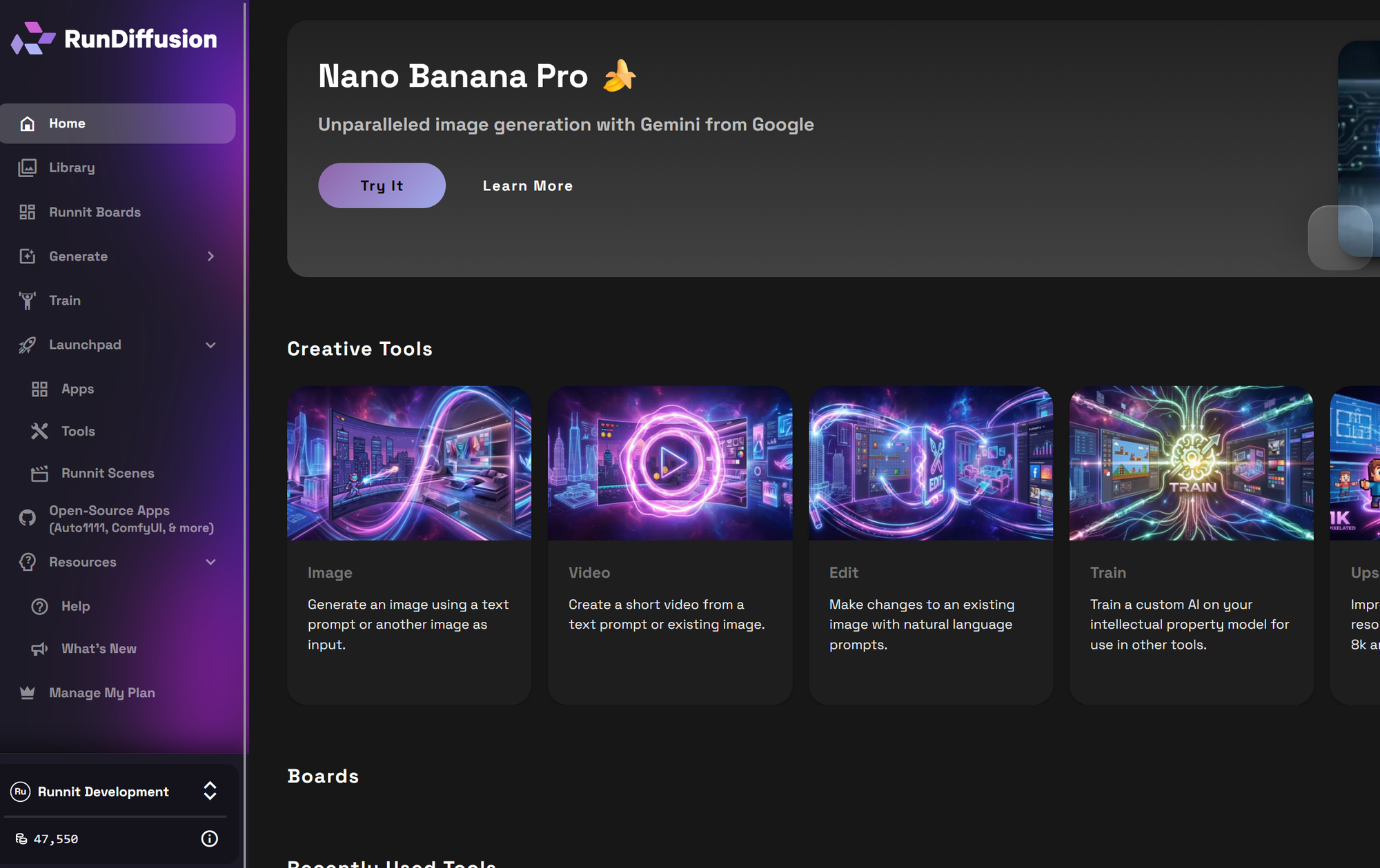 RunDiffusion’s Runnit Platform and on the left side panel select Runnit Boards. On the left sidebar click Runnit Boards then